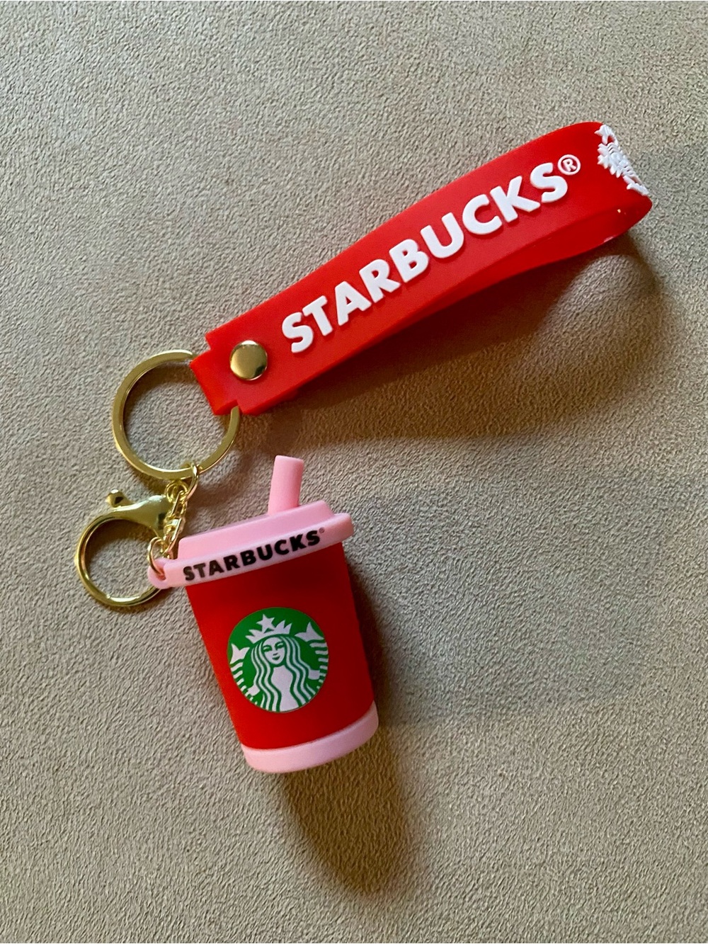Red Coffee Cup Keychain/Bag Charm Pink Straw Gold Hardware